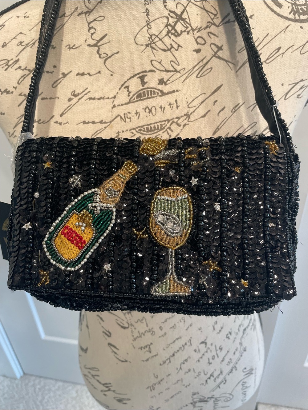 From India to You Viral Black Sequin Beaded Shoulder Bag with Champagne Motif